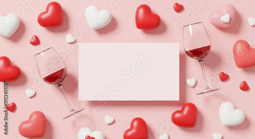 Valentine's day celebration with wine glasses hearts and blank card on pink background for love and romance