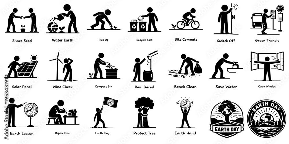 Obraz premium サステナブルな暮らしをテーマにした人物シルエットアイコンセット、Sustainable Living Themed Human Silhouette Icon Set for Environmental Awareness