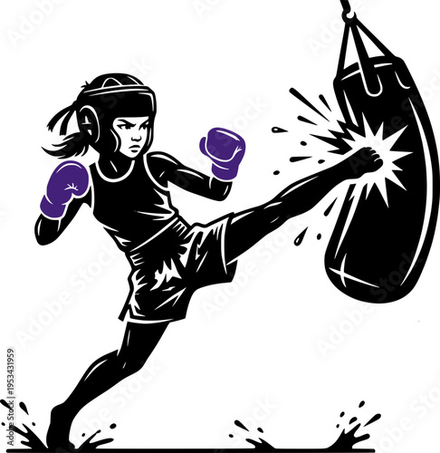 Vector illustration of a young girl training kickboxing, hitting a heavy bag with a high kick. Dynamic martial arts silhouette with purple gloves.