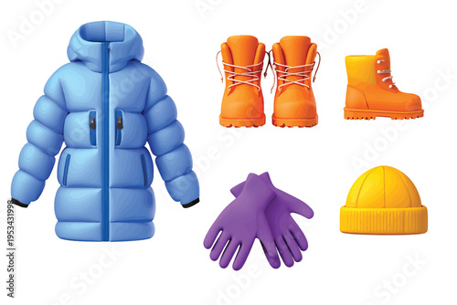 Vibrant 3D Winter Clothing and Accessories Set Isolated on White Background