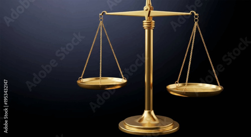 Golden balance scales on dark textured background symbolizing justice and equality with empty plates and a sleek metal stand