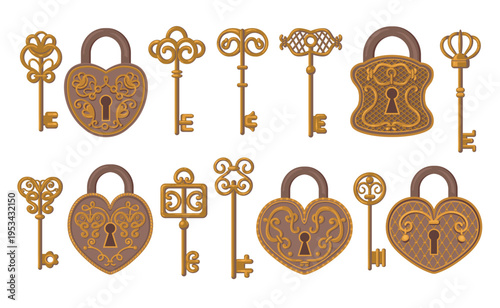 Vintage antique locks. Classic keys and padlocks, intricate ornaments, decorative elements, old style, different shapes, security, access and privacy symbol splendid vector isolated set