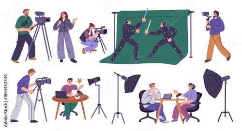 Video production people. Team create films and shows, reporters at work, recording podcasts, interviews, battle scene on green backdrop, professional creation garish vector isolated set