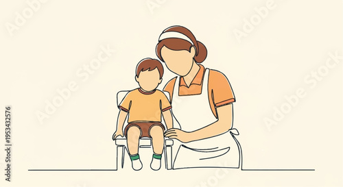 Mother and child sitting together woman in apron and headband with brown hair boy in casual clothes warm beige background