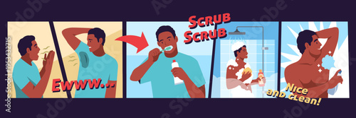 Personal hygiene. Bad smell removal comics, man takes care of his body and teeth, guy takes shower, uses deodorant, young boy daily cleanliness habits, tidy vector cartoon isolated concept