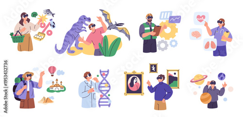 People wearing augmented reality glasses. Gamblers, shopaholics and scientists use new technologies, virtual reality, tourism and space exploration, garish vector cartoon isolated set