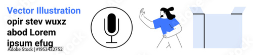 Digital communication, creative expression, modern technology, voice recording, content creation, innovative minimalism. Microphone icon, person gesturing open box graphic. Digital communication