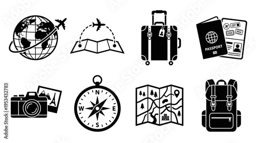 Travel Icons Vector – Airplane, Passport, Luggage, Map, Compass, Backpack Graphic