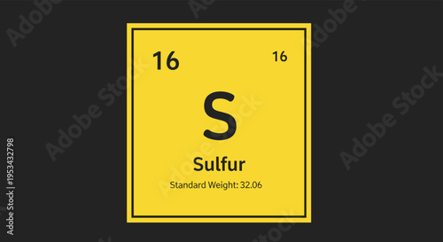 Periodic table entry for Sulfur with chemical symbol S atomic number sixteen and standard weight on a yellow square background.