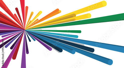 Dynamic abstract explosion of colorful 3d cylinders radiating from a central point towards the right side on white background.