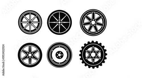 Collection of six diverse car wheel rim designs showing various spoke patterns and tire types for automotive customization concept.