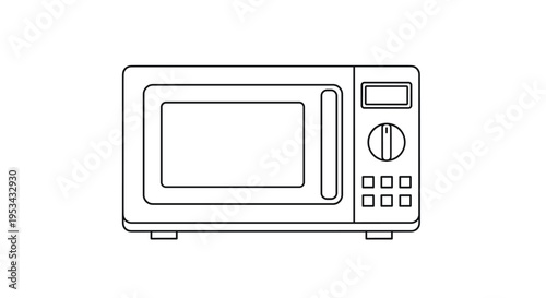 Simple line drawing of a microwave oven appliance with control panel and viewing window for kitchen equipment concept illustration.