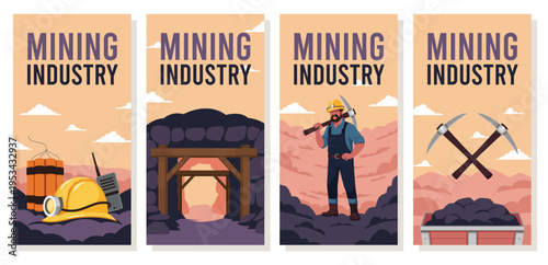 Mining industry banners. Coal, gold or minerals search, machinery and tools, worker in overalls, helmet, natural resource, vertical flyers or posters design tidy vector cartoon isolated set