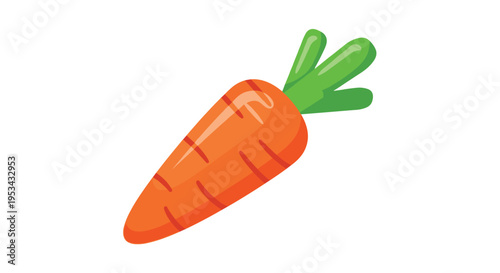 Vibrant cartoon style illustration of a fresh orange carrot with green leaves isolated on a white background for food concept.