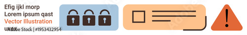 Cybersecurity, data protection, internet safety, online accounts, digital warning, authentication. Three locks, a login form and a triangular warning symbol. Cybersecurity and data protection