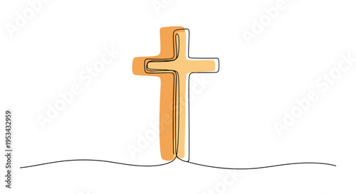 Spiritual continuous line drawing of a christian cross with an abstract orange glow effect for religious and faith concept.