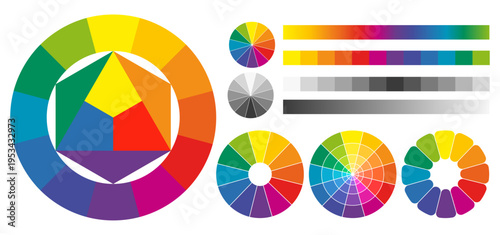 Itten color wheel. Primary, secondary and tertiary, radial spectrum palette, shades theory, color science scheme, gradients and grayscale bars, harmony elements, qualitative vector set