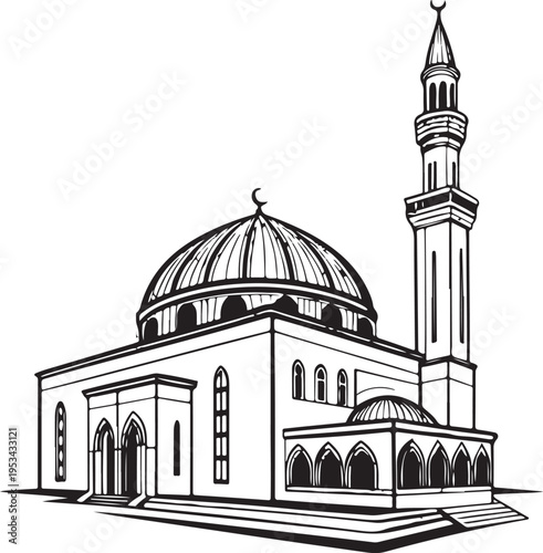 Premium black silhouette vector of modern Islamic mosque with dome and minaret minimalist religious architecture design for branding