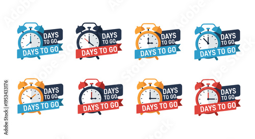 Collection of eight alarm clock icons in different colors each showing a countdown for days to go marketing concept.