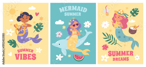 Cute mermaids cards. Summer vibes banner, little funny girls with long hair and fish tails, mythical sea princesses, playful seasonal fantasy posters, garish vector cartoon isolated set