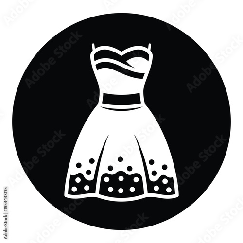 Simple black and white illustration of a strapless dress with polka dots icon