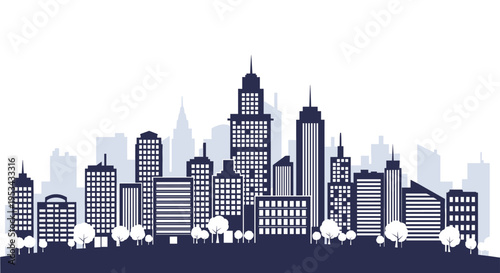 Silhouette of a dense modern city skyline with various skyscrapers and buildings against a white background with trees in foreground.