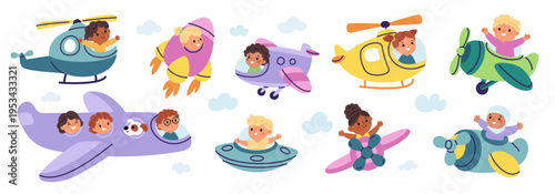 Children in flying vehicles. Kids air transport, boys, girls in toy rockets, airplanes, playful aviation and travel on colorful aircrafts, helicopters, garish vector cartoon isolated set