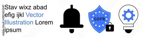 Data protection, notifications, privacy, compliance, innovation, technology. A GDPR shield, notification bell gear inside a bulb icon. GDPR and notifications concept for compliance and data