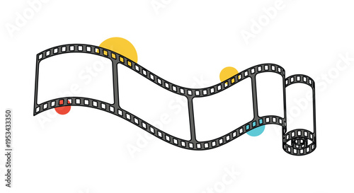 Curving film strip with three blank frames over a background of colorful circles for cinema and movie industry concept.