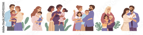 Children hug parents. Happy families relationship, embrace with moms and dads, toddlers togetherness, funny teenagers, caring and love, smiling kids, garish vector cartoon isolated set