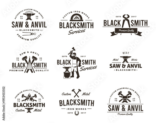Blacksmith tools labels. Craftsman vintage emblems, working with metal, iron, vintage signs, hammer, smelter and anvil, tidy vector minimalistic monochrome isolated metalworking service set
