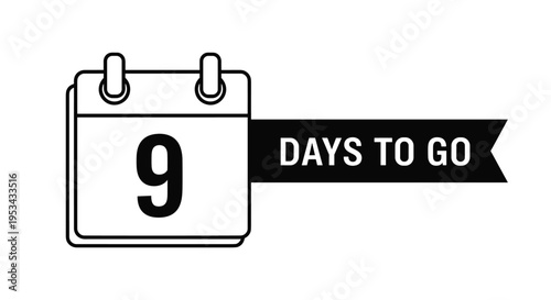 Countdown banner showing nine days to go with a simple calendar icon and black ribbon tag for events or promotions.