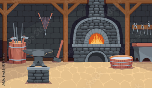 Blacksmith shop interior. Smithy workshop, furnace with fire, stone walls, anvil, smelter, tools, traditional working with metals, medieval room interior, tidy vector cartoon flat concept