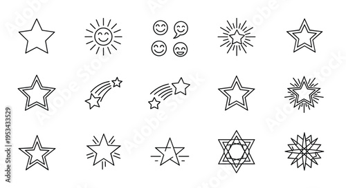 Collection of assorted star icons and celestial symbols including shooting stars, sun, and stylized decorative shapes for design.