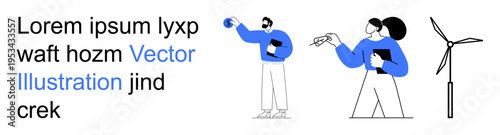 Renewable energy, sustainability, teamwork, discussion, environmental solutions, future energy. Two individuals discussing and holding devices with a wind turbine nearby. Renewable energy