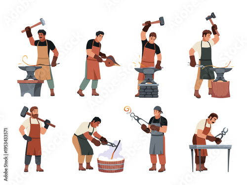 Blacksmith characters. Metal and steel workers with tools, strong men in aprons, anvil, hammer, bellows, fire and foundry, handcrafted iron production, tidy vector cartoon isolated set