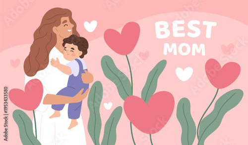 Best mom card. Kids hugs, mother day, cute family, parenting, funny child in woman arms, happy motherhood, smiling people, pastel greeting design, garish vector cartoon isolated concept