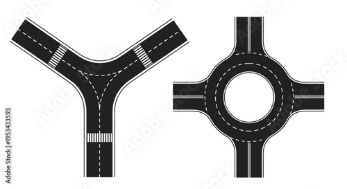 Top view diagrams of a three-way road junction and a circular roundabout with lane markings and crosswalks for traffic planning.