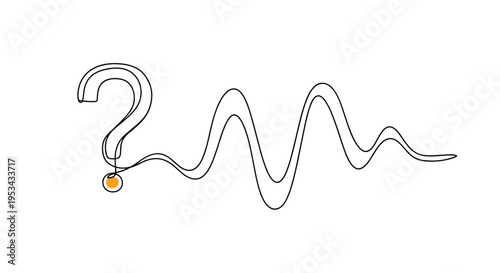 Single continuous line drawing of a question mark leading into a wavy path with an orange dot at the base for curiosity themes.