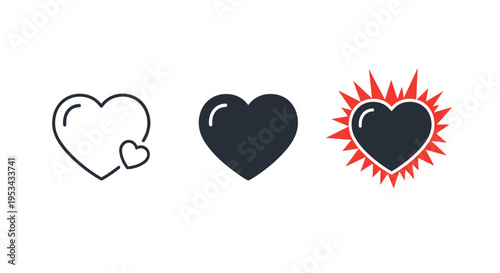 Set of three heart symbols including an outline with a small heart, a solid heart, and a heart with a red burst effect.