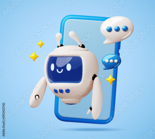 3d robot helps from smartphone. Funny android character, online assistant, digital render mascot, friendly chatbot, mobile messaging support, digital communication classy vector concept