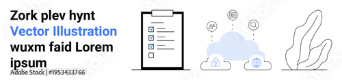 Task planning, cloud technology, workflow automation, data management, remote work, digital tools. Clipboard checklist connected to cloud icons. Task planning and cloud technology concept