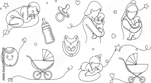 Mother and Baby Care Line Illustration Set with Newborn Feeding Stroller Pacifier and Parenting Moments Outline Icons for Nursery Vector Design.