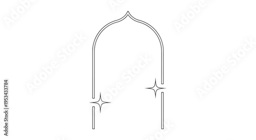 Minimalist outline of an ornate archway with four-pointed star sparkles on a plain white background for frame designs.