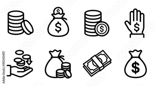 Financial icons including money bags coins bills and hands exchanging currency