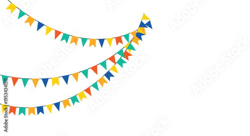 Celebration banner with three rows of colorful triangular bunting flags in yellow, orange, blue, and green for parties.