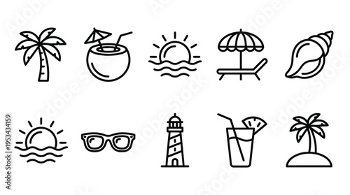 A collection of beach and summer themed icons and symbols in a simple line art style illustration