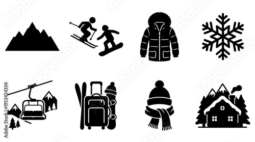 Ski Trip Icons Vector – Mountain, Skis, Snowboard, Jacket, Snowflake, Cabin, Luggage Graphic
