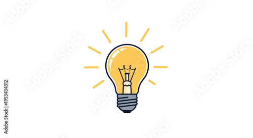 Bright yellow light bulb illustration with radiating rays and detailed filament signifying a new idea or creative solution.