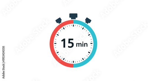 Modern stopwatch icon indicating fifteen minutes with a red and teal colored progress bar and clear numerical display.